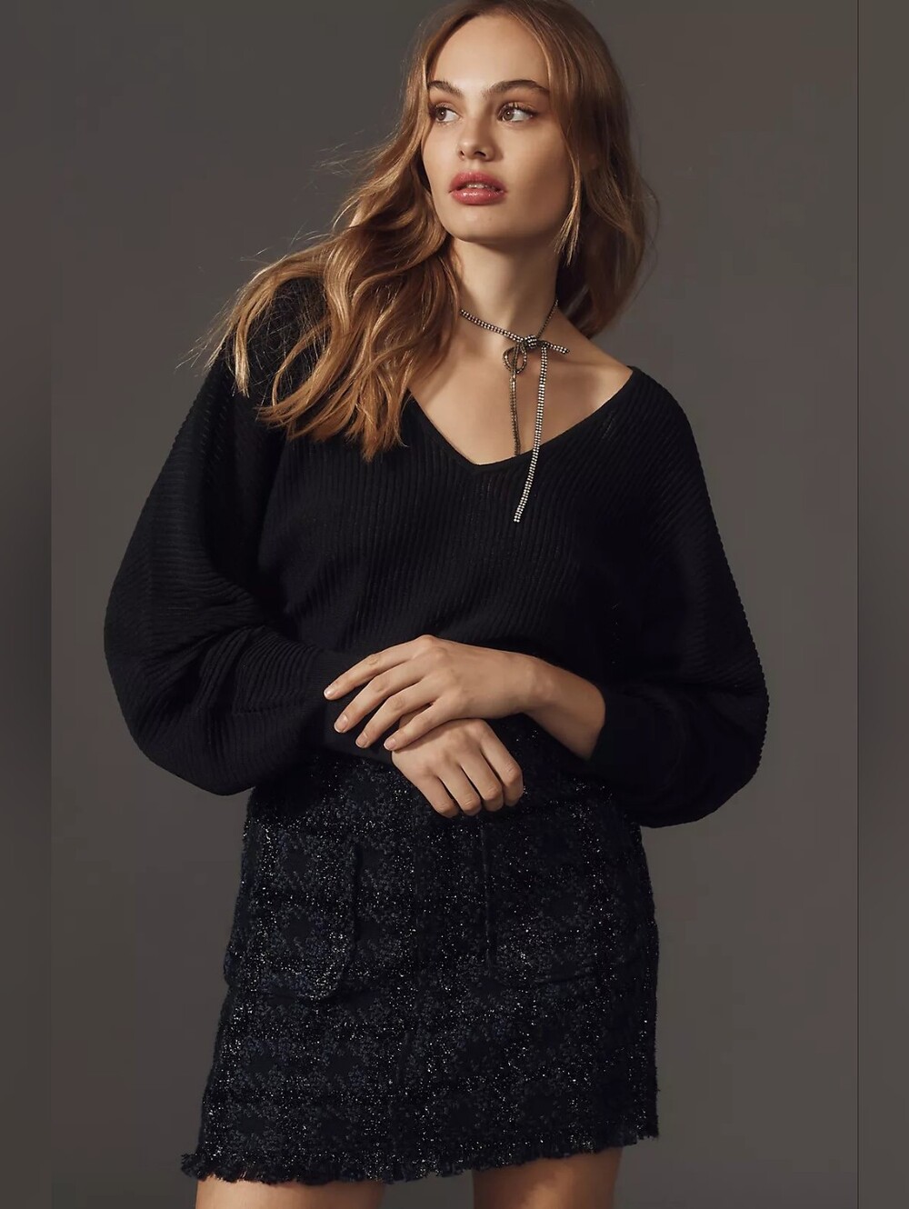By Anthropologie Sheer V-Neck Batwing Sweater MED BLACK NWT